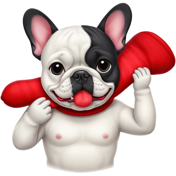Black and white Bouledogue français eating a red sock  emoji