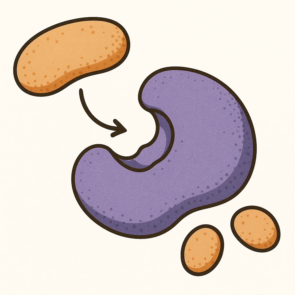 Ultra-detailed scientific illustration  (like in a school book) of enzyme digestion. Macro molecular view, clean white background, no text, no human figures or cartoon characters. Purely biological focus. emoji