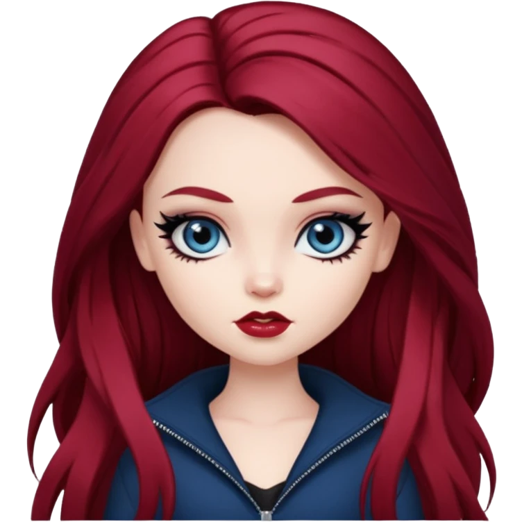 pale skin, girly bratz baddie, beautiful dark blue eyes, sharp black eyeliner, long dark red hair emoji