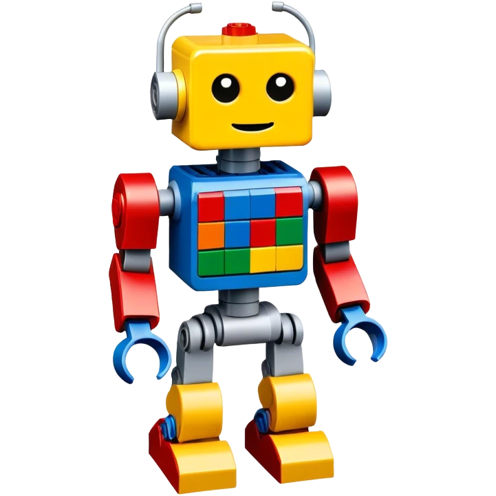 A big photorealistic icon featuring a detailed robot figure built from LEGO bricks, with intricate parts and colorful pieces. The design includes the LEGO logo subtly visible, with a focus on the craftsmanship and creativity of the build. Transparent background. emoji