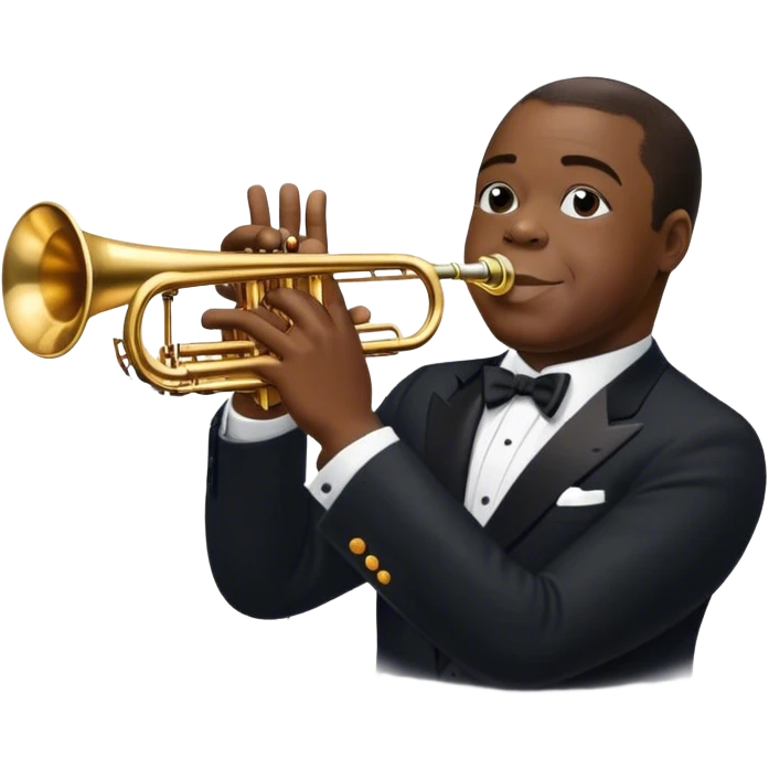 Icon for Jazz Music: Louis Armstrong with his trumpet in front of a jazz orchestra. Include musical instruments like a saxophone, trumpet, and piano, with floating musical notes around. The design should capture the smooth and soulful vibe of jazz. Transparent background. emoji