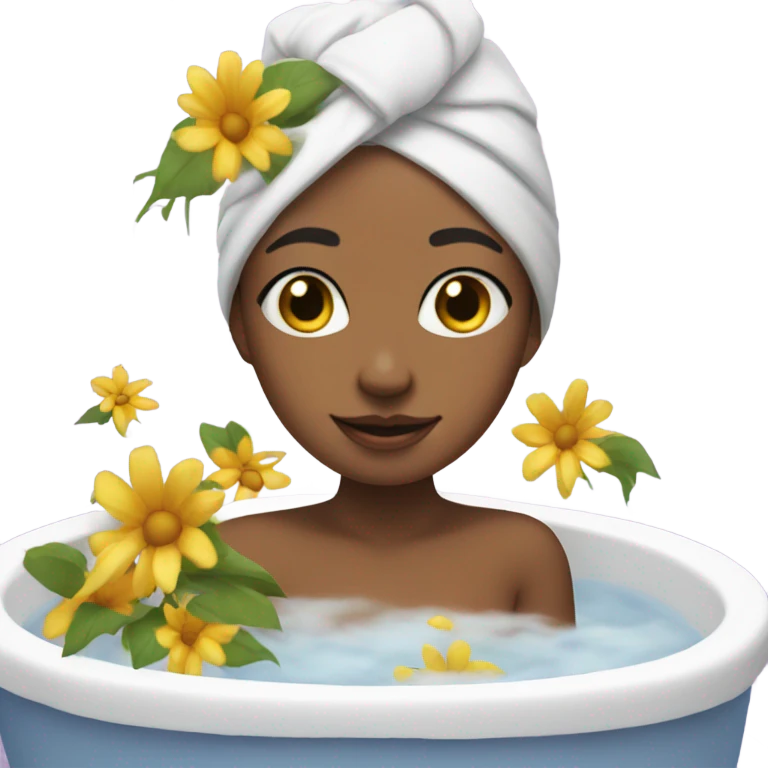 girl with towel on head takes bath with flowers emoji