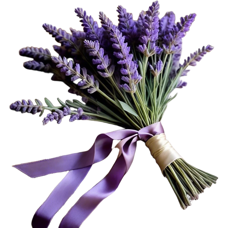 A loosely gathered bouquet of lavender, with sprigs in varying shades of lilac, violet, and deep plum, is tied together with a faded silk ribbon, its ends trailing softly onto an antique wooden table. A few delicate buds have fallen loose, resting gently on an embroidered lace cloth, while the golden afternoon light catches the soft purple hues, evoking a sense of timeless tranquility.
 emoji