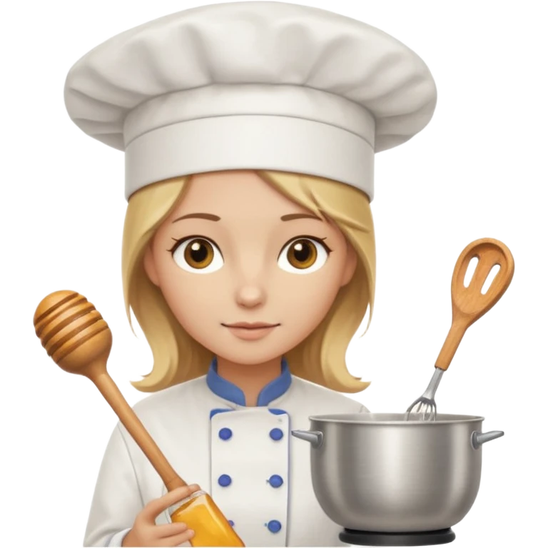 cocinera castaña clara tirando a rubia, blanca, ojos color miel con gorrito de cocina y batidora  emoji
