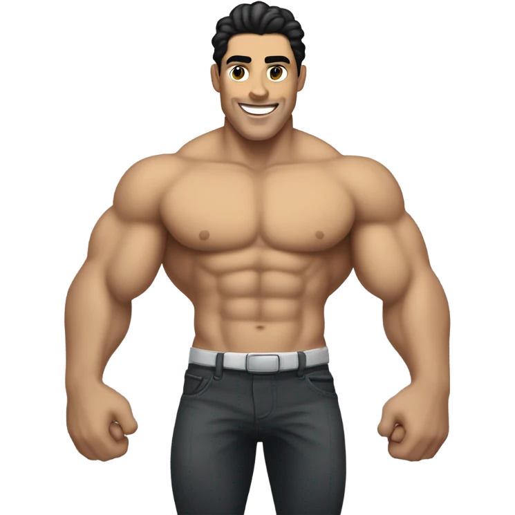 A handsome light-skinned man with black hair and a pumped up body emoji