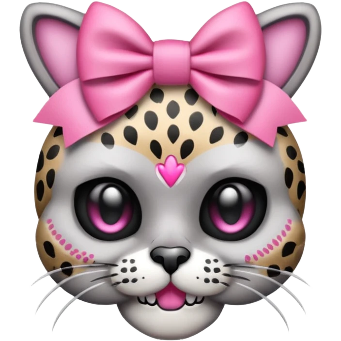 Cat with pink cheetah print bow and a skull in the middle of the bow emoji