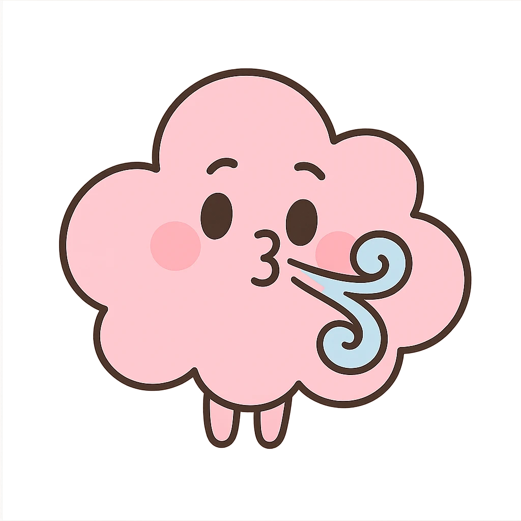 adorable pastel pink cloud, blowing gentle wind, no arms or legs, full body, soft pastel kawaii style emoji