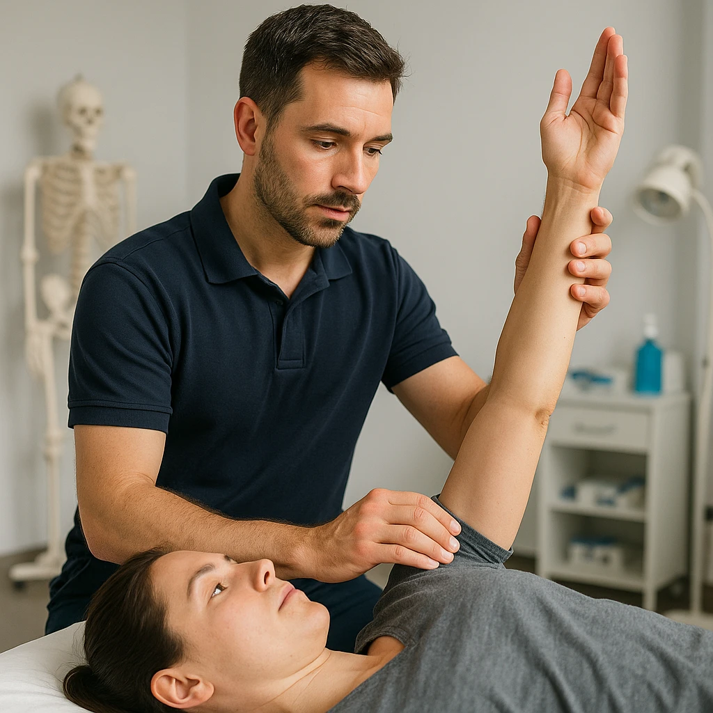 realistic kinesiologist performing kinesiological evaluation on a patient in a clinical environment, professional details, inspired by reference photo https://attic.sh/r66tucayi7ewfjges2vhulor9bux emoji