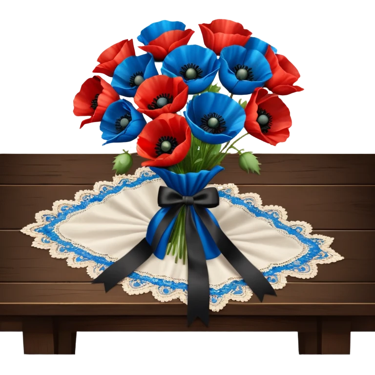 A very lush bouquet of bright blue and vivid red poppies black satin ribbon, resting on an antique wooden table, with an off white lace pattern table cloth emoji