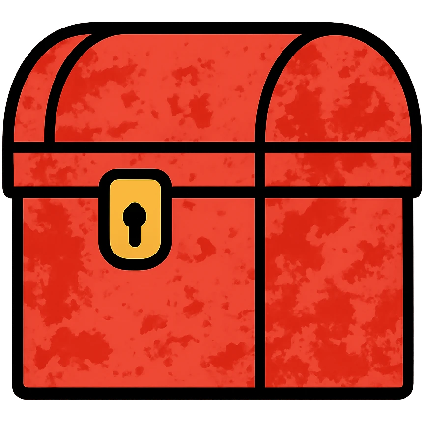 a minimalist red treasure chest with more red elements than before, some transparent areas still visible but with increased red coverage, weathered edges and distressed look, roughly 70% red and 30% transparent emoji