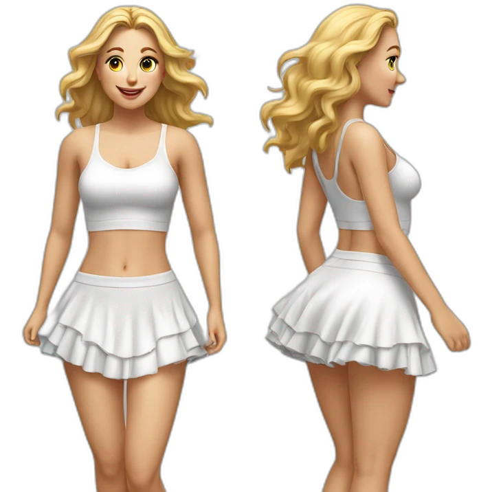 hyperrealistic-full-body-caucasian-curvy-beauty-jumping-small white-skirt-back-and-front-views-strong-wind-knickers emoji