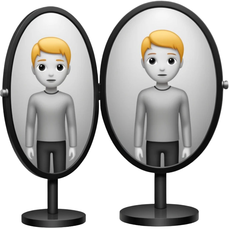 Minimalist emoji-style sticker of a person standing before a mirror, but the reflection is moving differently. Black and gray icon.
 emoji