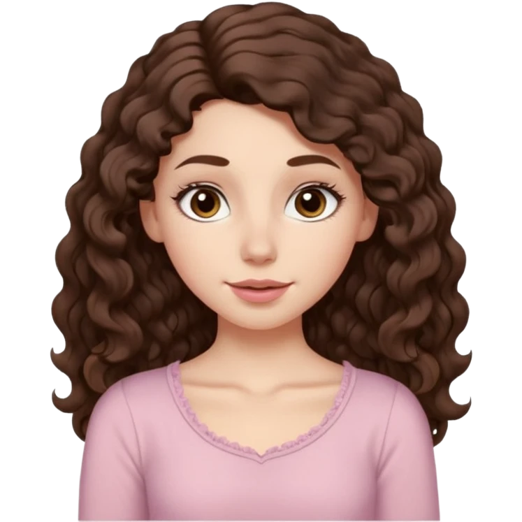 Aesthetic white girl with really long wavy/curly hair color dark brown, hair most be in front of the shoulders (hair in front of the shoulders). Big almond shape eyes color brown, small wide nose, natural lips, sweet expression. Dressed with a cute tight top color light pink. emoji