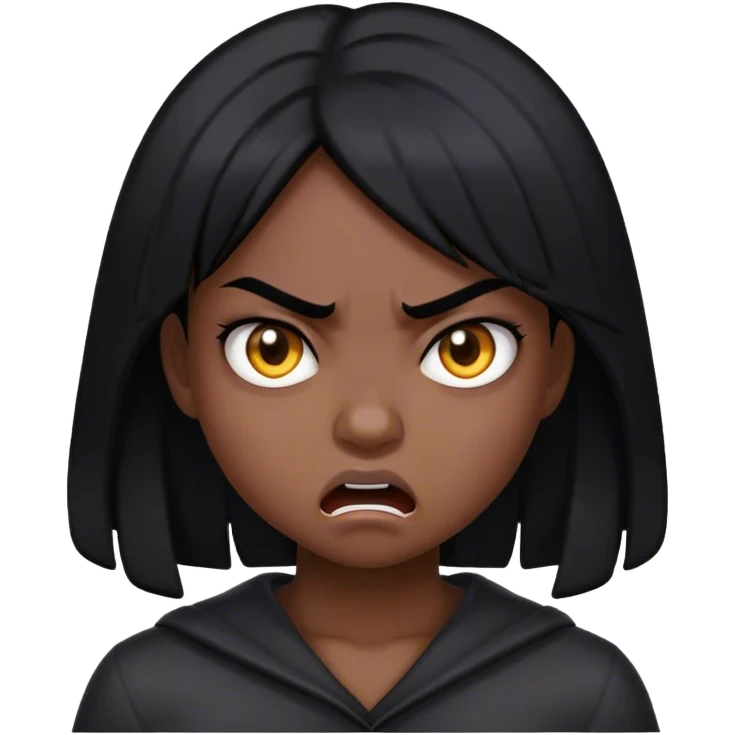Emoji style girl with black hair and makeup looking angry emoji