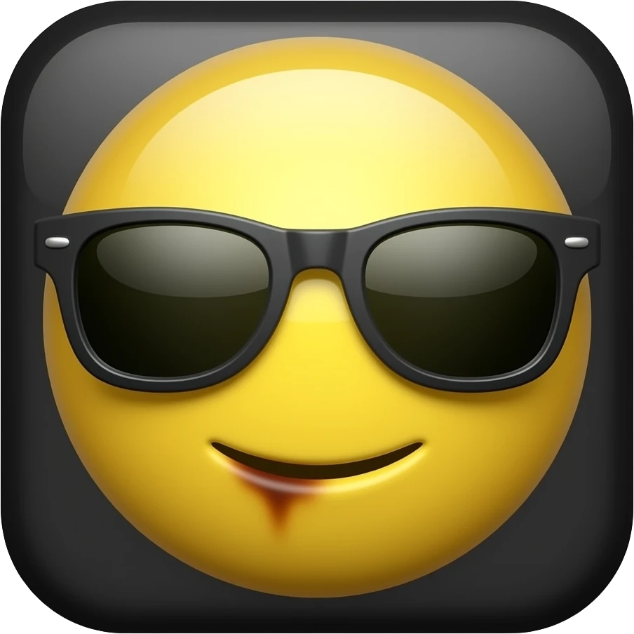 Emoji de cara redonda amarilla con gafas de sol oscuras, la luz se refleja en su superficie, . que el fondo sea negro con la boca boca cocida emoji