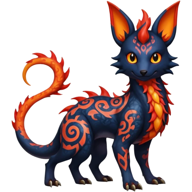 Shiny Fiery Dark Ugly Evil Realistic Glowing Eldritch Horror Cool Edgy Badass Emo Glorious Demonic Batty Dusky Ethereal Magical Punky Aural Fluorescent Bioluminescent Hideous Canine-Litten-Amaura-Salandit-Noibat-Flareon-Fakémon-fusion (full body) with intricate pattern markings emoji