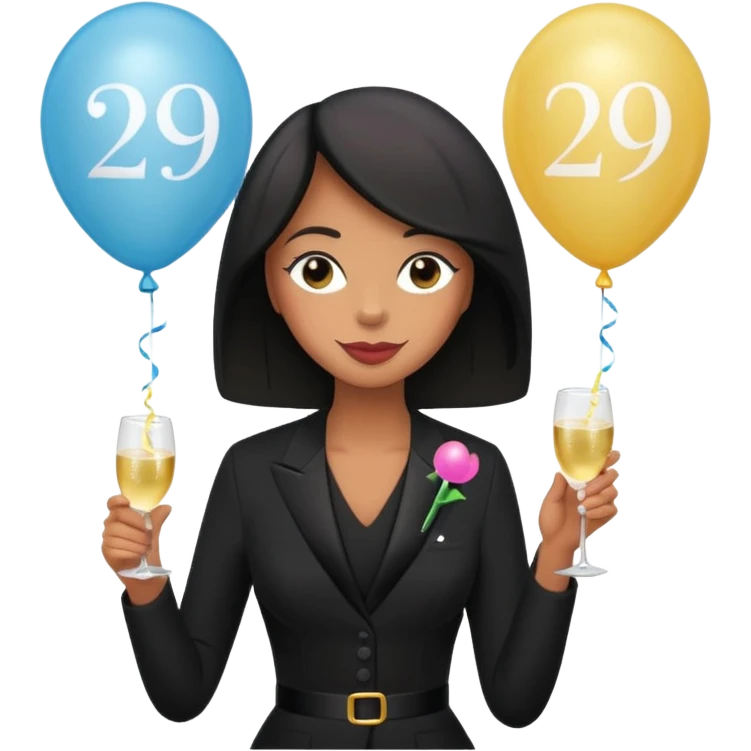 Emoji-style illustration of a funny woman in black funeral outfit holding a prosecco glass, balloon with number 29, ironic birthday funeral theme, playful expression, flat emoji design, pastel tones, high resolution emoji
