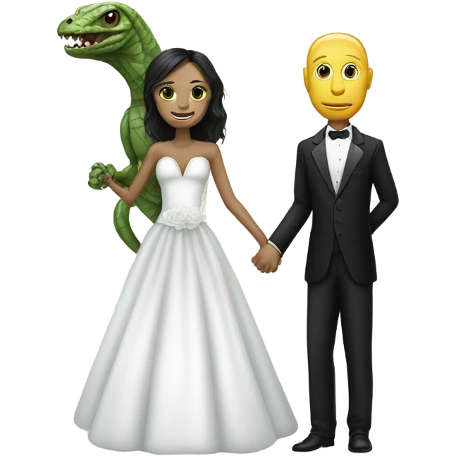 humman man in a tuxedo holding, Alien reprilian woman in wedding dress, and one , hands getting married emoji
