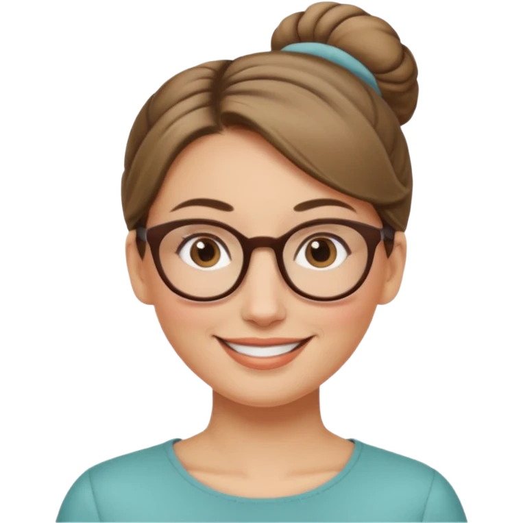 femme de 38 ans avec des cheveux blond foncé sans mèche devant, un chignon haut, yeux bruns, lunettes rondes, visage ovale emoji