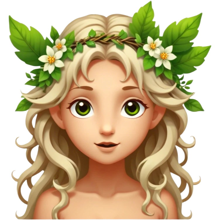Cinematic Realistic Forest Nymph Fairy Portrait, head tilted playfully and inquisitively, showcasing a nature-inspired form with intricately detailed, sunlit tanned skin and cascading hair interlaced with leaves and blossoms. Her bright, curious eyes sparkle with forest mischief, rendered with lifelike clarity and warm, dappled lighting that captures the spirit of an enchanting woodland fairy ready to dance among the trees. emoji