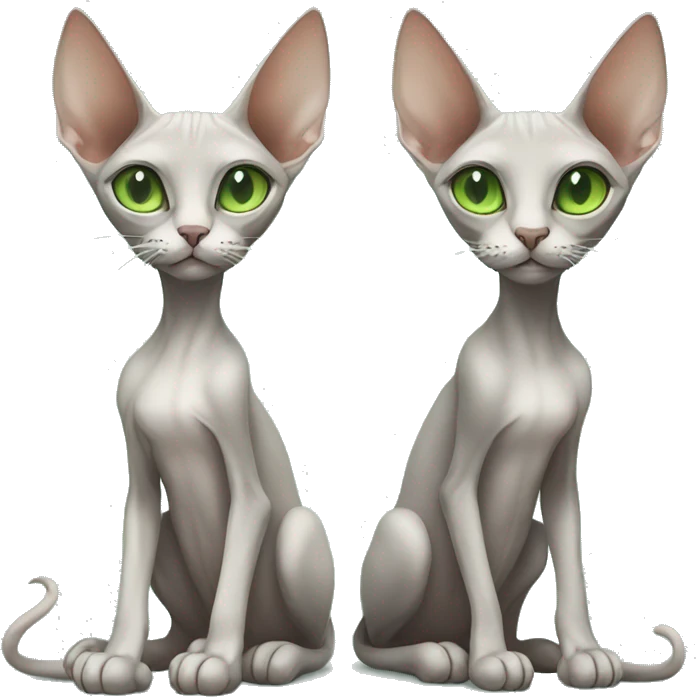 two skinny sphinx cats one grey one white with green eyes emoji