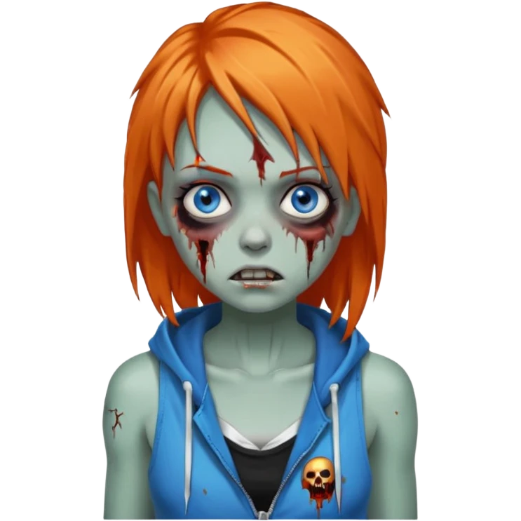 сделай рыжую девушку зомби с избитым лицом, не в полный рост, пусть ее рыжие волосы будут ниже груди с осветленными прядями, глаза у нее будут голубые, а одета она будет в дранную белую майку и черную зип худи emoji