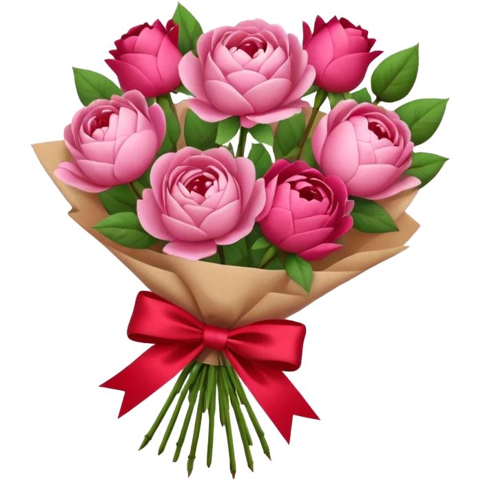 Bouquet of pink flower like rose and peony wrapped in kraft paper with red bow emoji