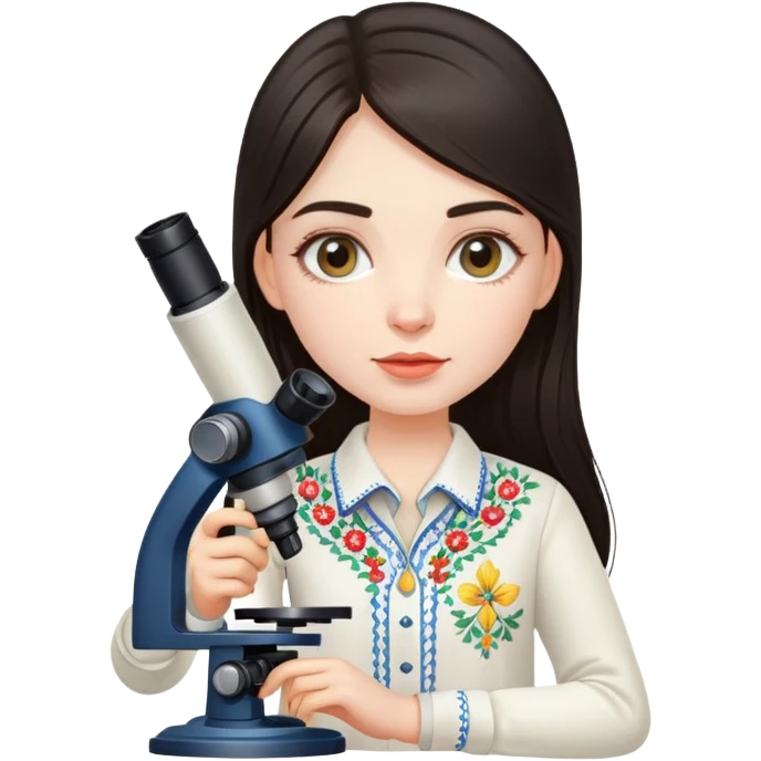 Ukrainian girl with dark hair in traditional embroidered shirt holding a microscope emoji
