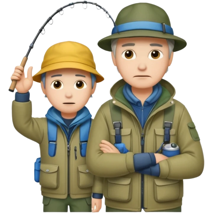 Father and son in fishing gear gesturing that they are cold emoji