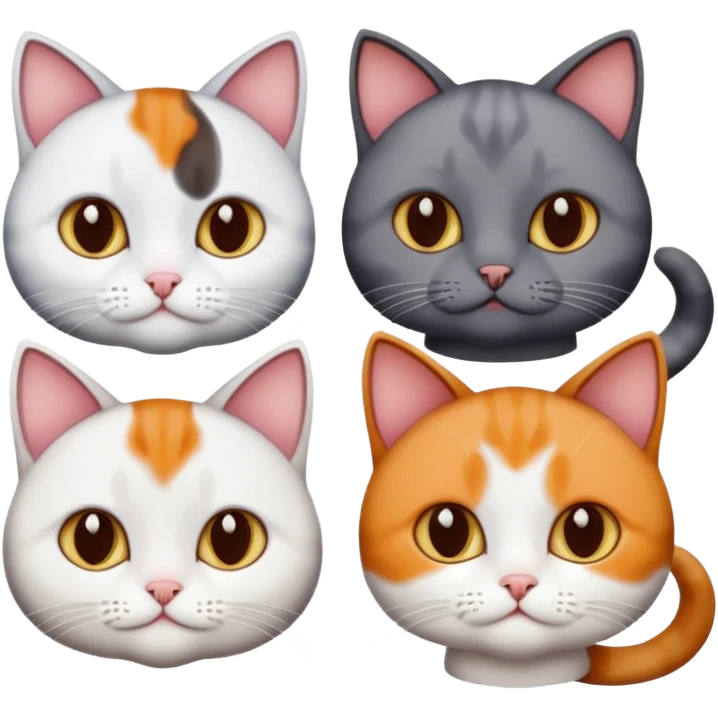 4 different coloured short haired cats including; a dark brown and white cat, and a dark grey and white, and a calico emoji