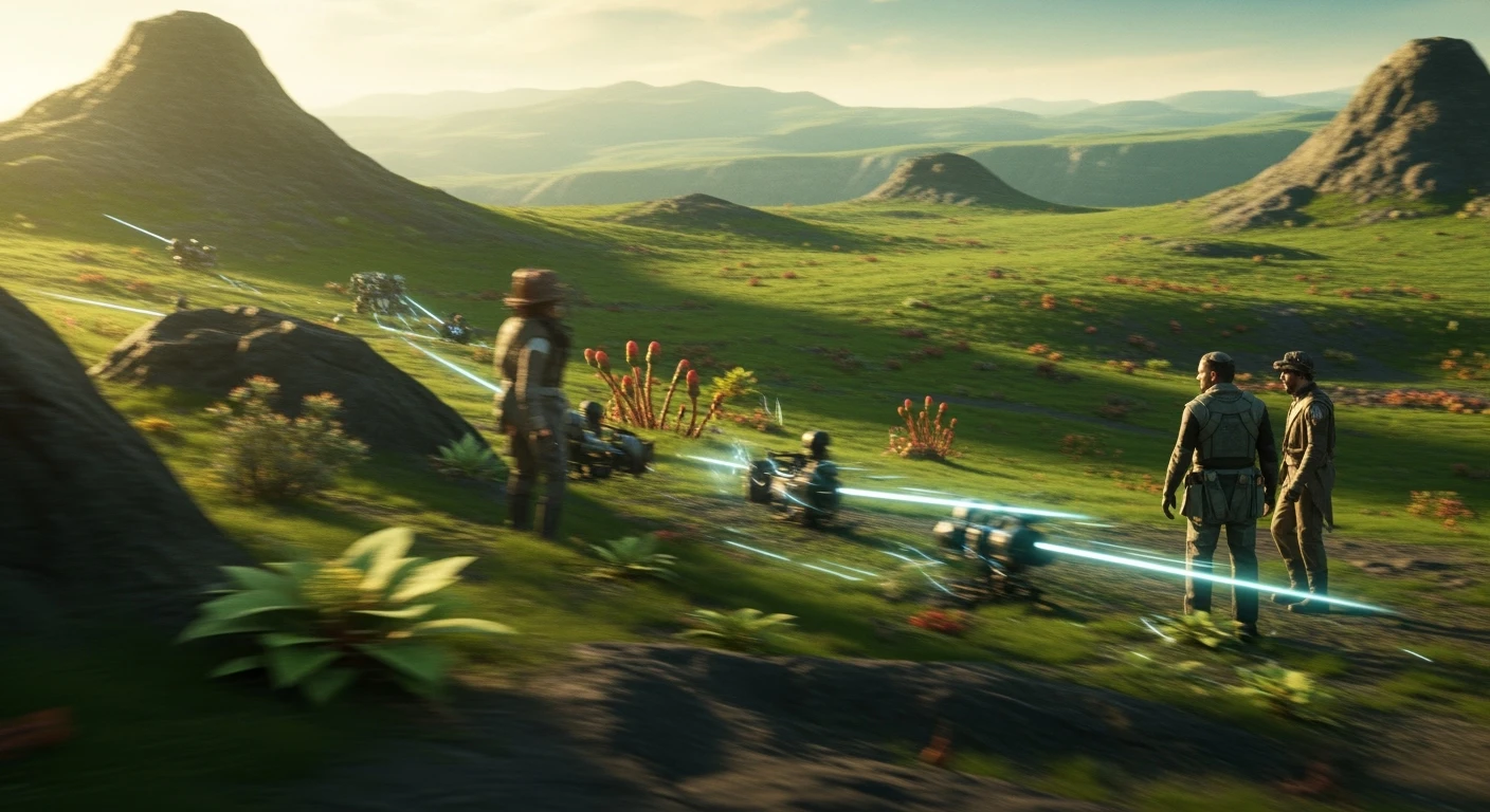 cinematic still, motion blur shutter speed, establishing shot, green planet, inspired by StarWars movie, captured by arri alexa  emoji
