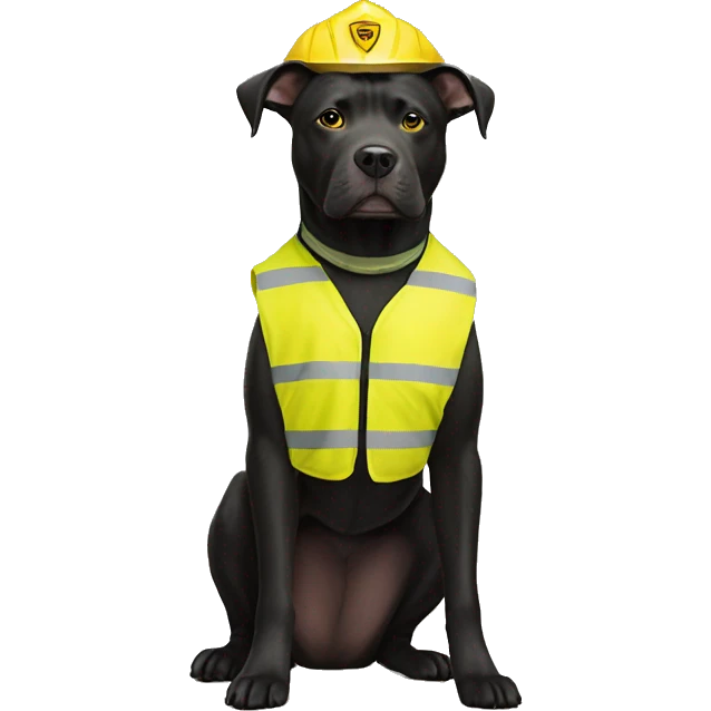 Black pitbull lab mix with a yellow crossing guard vest  emoji