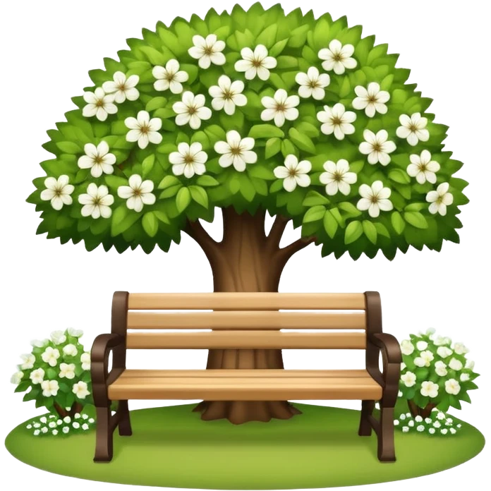 beautiful bench against the background of a tree with blooming white flowers emoji
