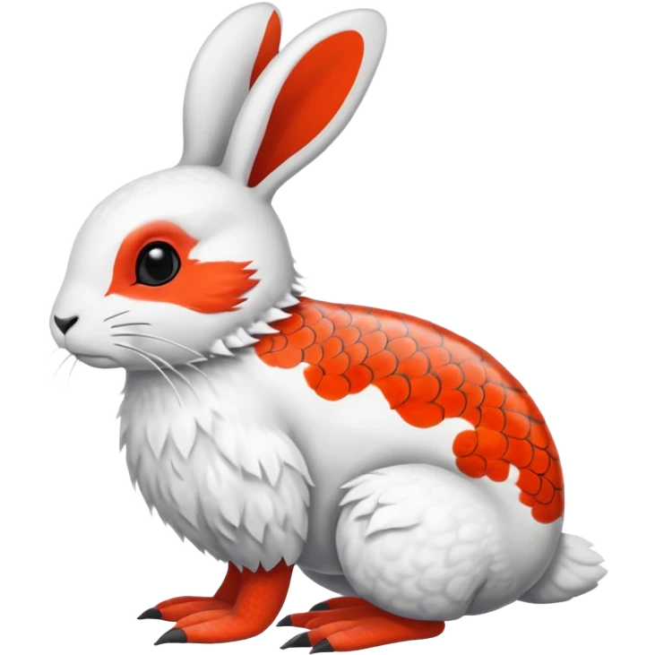 Rock Ptarmigan-Snowshoe-Hare-Koi-Fish-Pokémon-Fakémon-Animal-hybrid, full body, with red marking over eye emoji