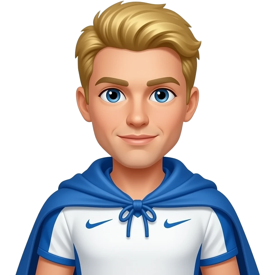 tennis player with white and blue uniform golden hairs and wear a blue cape emoji