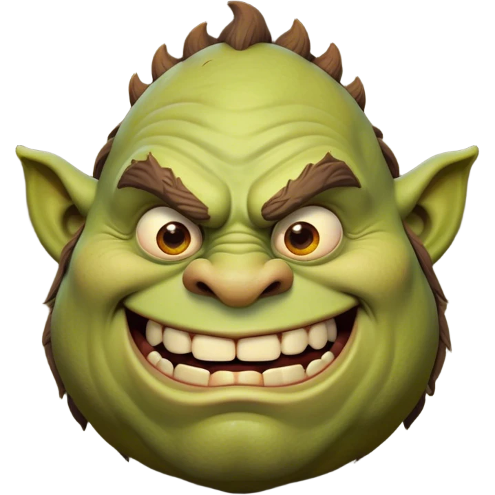 Cinematic Comical Ogre Portrait Emoji, with a strikingly exaggerated, bulky figure in vivid earthy greens and browns, head tilted in a dramatically surprised expression with wide, comically bulging eyes and a goofy, oversized grin, simplified yet hilariously exaggerated, highly detailed with a soft, cartoonish glowing outline capturing the playful absurdity of a meme-worthy ogre! emoji