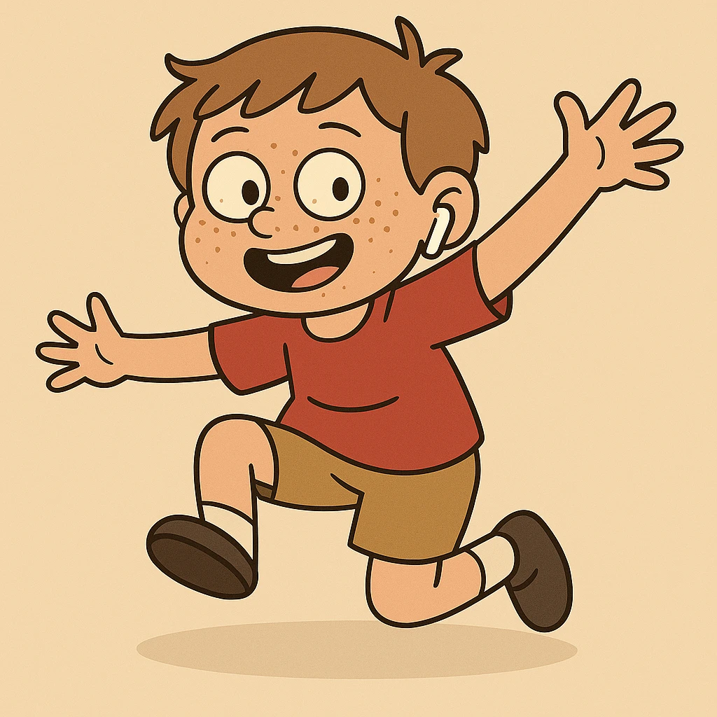 Add freckles to the boy's face and one AirPod in his right ear, keep the cartoon style consistent with flat toon style. emoji