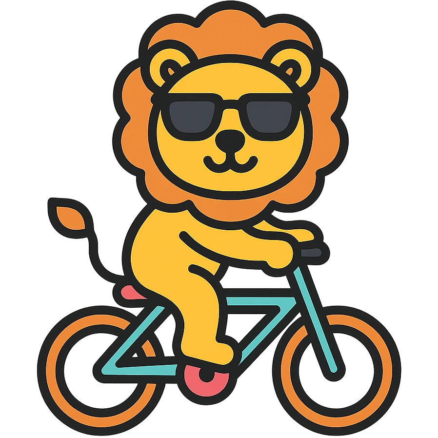 lion wearing sunglasses riding a bicycle, colored icon emoji