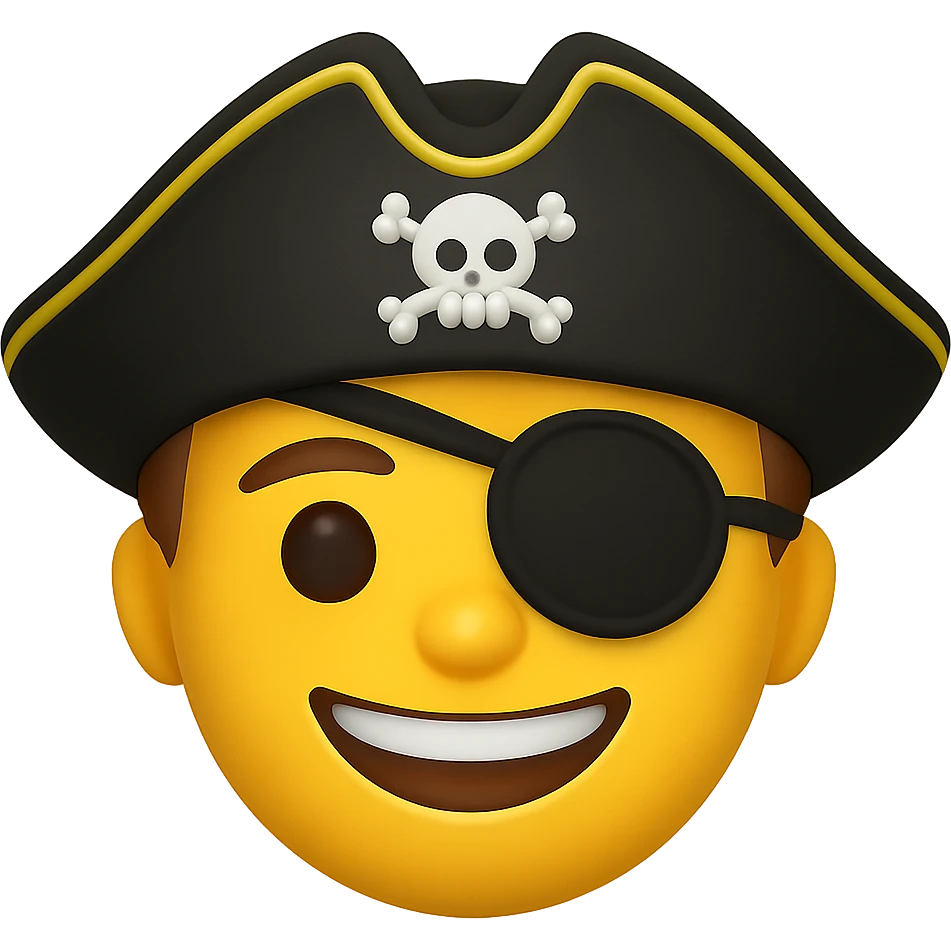 Add an eye patch over the blindfold for the pirate. Keep the pirate hat and smiling expression. Render in emoji style with transparent background. emoji