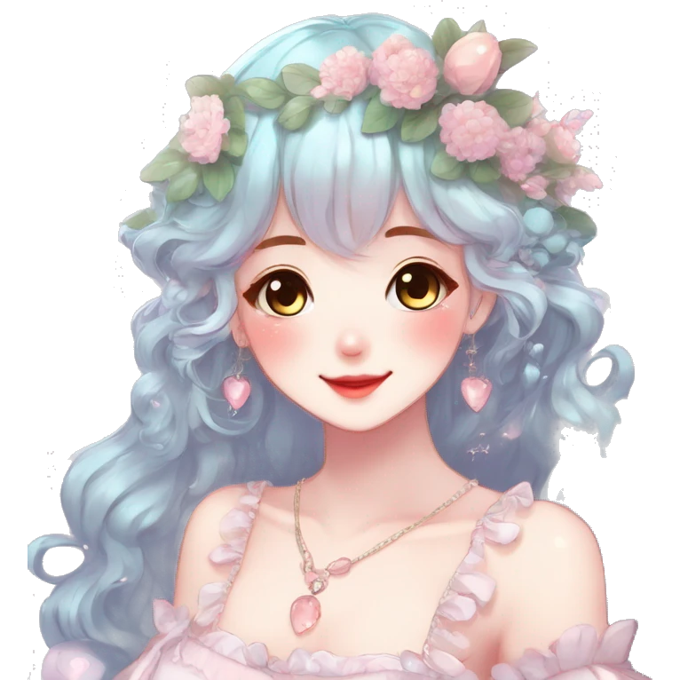 Gorgeous anime style lady with blushing face and accessories cottagecore fairycore Kawaii anime colorful pearly romantic aesthetic trending style emoji