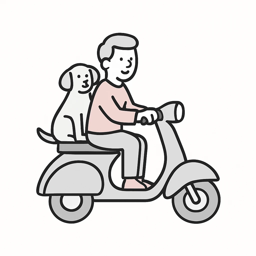 man and his pet dog riding a vespa emoji