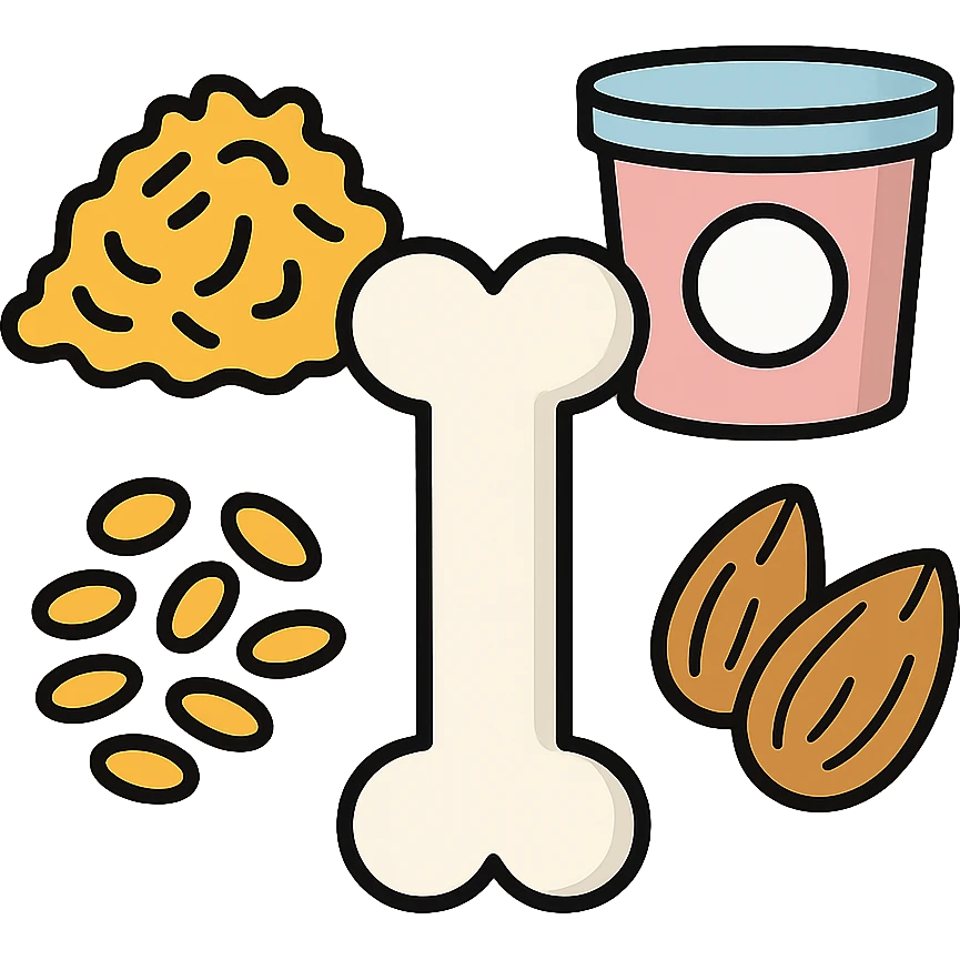 Sources of calcium: shredded cheese, natural yogurt, sesame seeds and almonds surrounding a single strong bone emoji