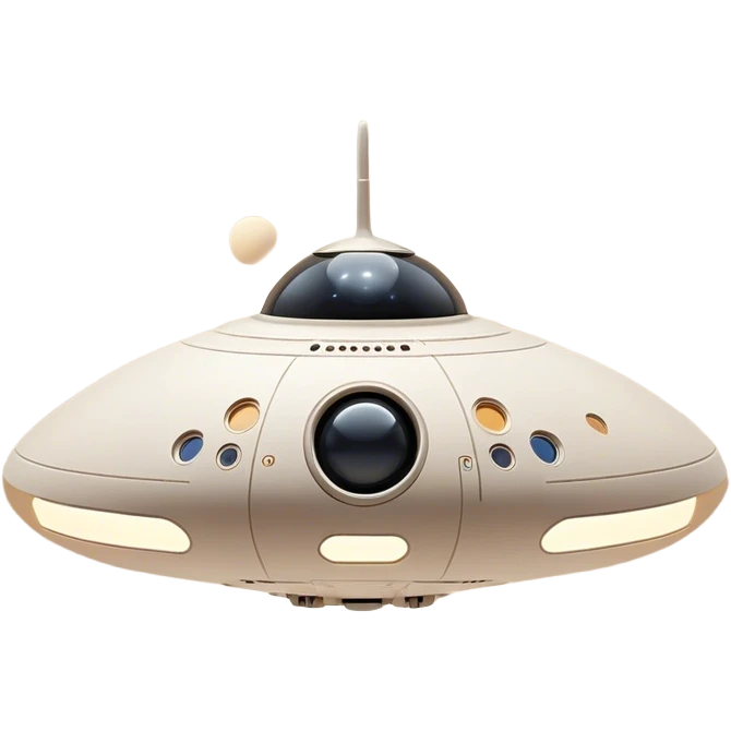 Design a simple, semi-realistic spaceship centered in the frame, with a clean and minimalistic design. The ship should have a smooth, rounded shape with a few subtle mechanical details, like small thrusters or panels, but avoid overly complex or advanced features. Add a 'face' to the front of the ship using basic shapes, such as two circular lights for 'eyes' and a curved line or pattern for a 'smile,' giving it a friendly and approachable personality. The design should feel functional yet charming, as if the ship has its own character or consciousness. The background should be outer space, with a few stars and a simple planet or moon to keep the focus on the ship. Use soft lighting to highlight the ship's 'face' and give it a warm, inviting feel. emoji