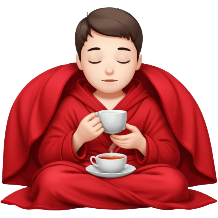 A European boy is sitting comfortably under a blanket, wrapped in a red blanket, drinking tea with his eyes closed. emoji