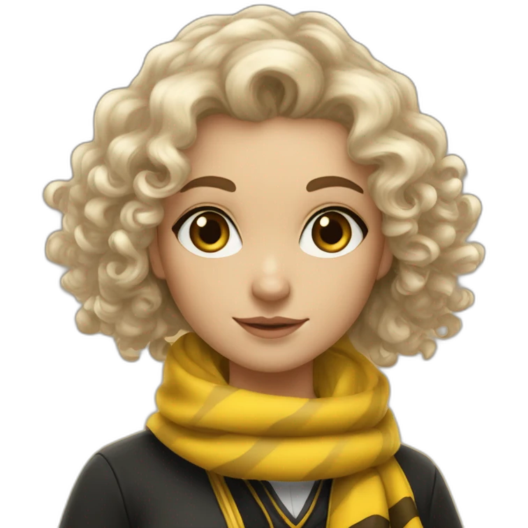 Curly hair white girl in hufflepuff with scarf and wand emoji