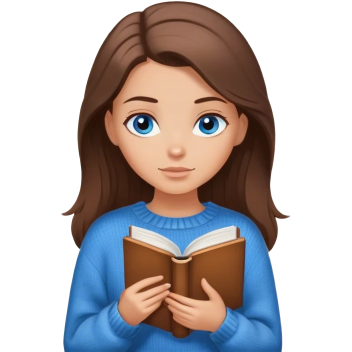 White girl brunette with blue eyes in a cozy brown sweater looking down holding a book emoji