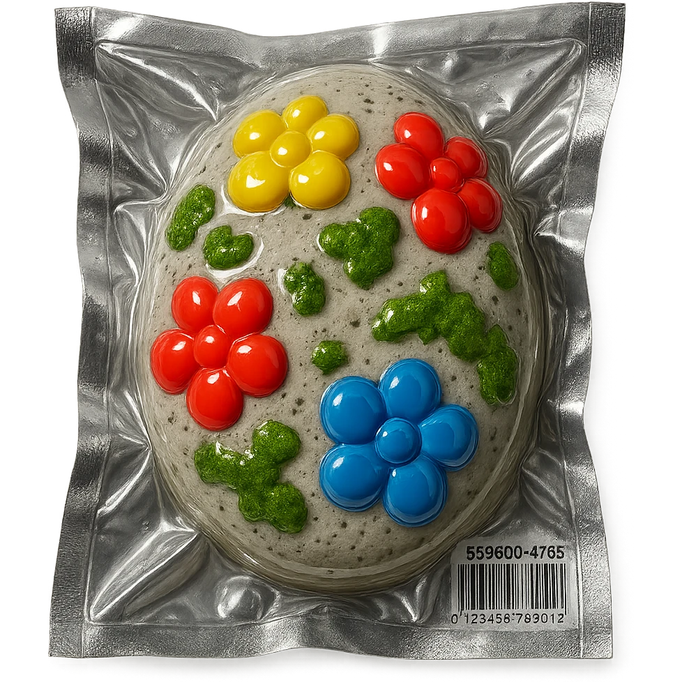 light gray stone with small colorful flowers and green moss, glossy and puffy emoji