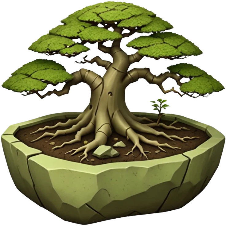 Roots Stoneware akadama soil mossy irregular angular Stone Age rocks cracked and broken forming a very shallow bonsai pot sans(without) tree  emoji