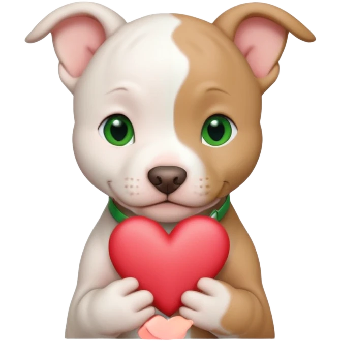 White and tan pitbull puppy with green eyes and cropped ears holding a heart emoji
