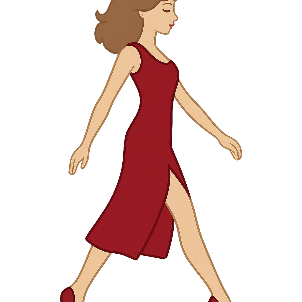 Create an image of the same girl from the first reference (Screenshot_16.png) with the same appearance, hairstyle, red dress, and shoes in the style and color as shown, but with the pose of the arms and legs matching the new sketch (1 (3).png). The background should be transparent. emoji